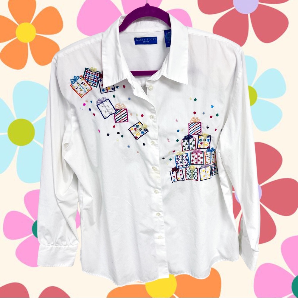 Vintage Karen Scott Sport rainbow birthday presents white button up